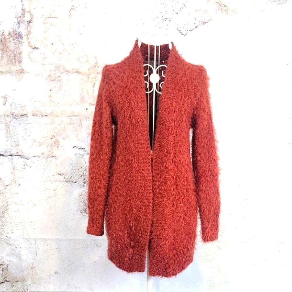 Sympli eyelash knit cardigan open front - rust red Women's Size M